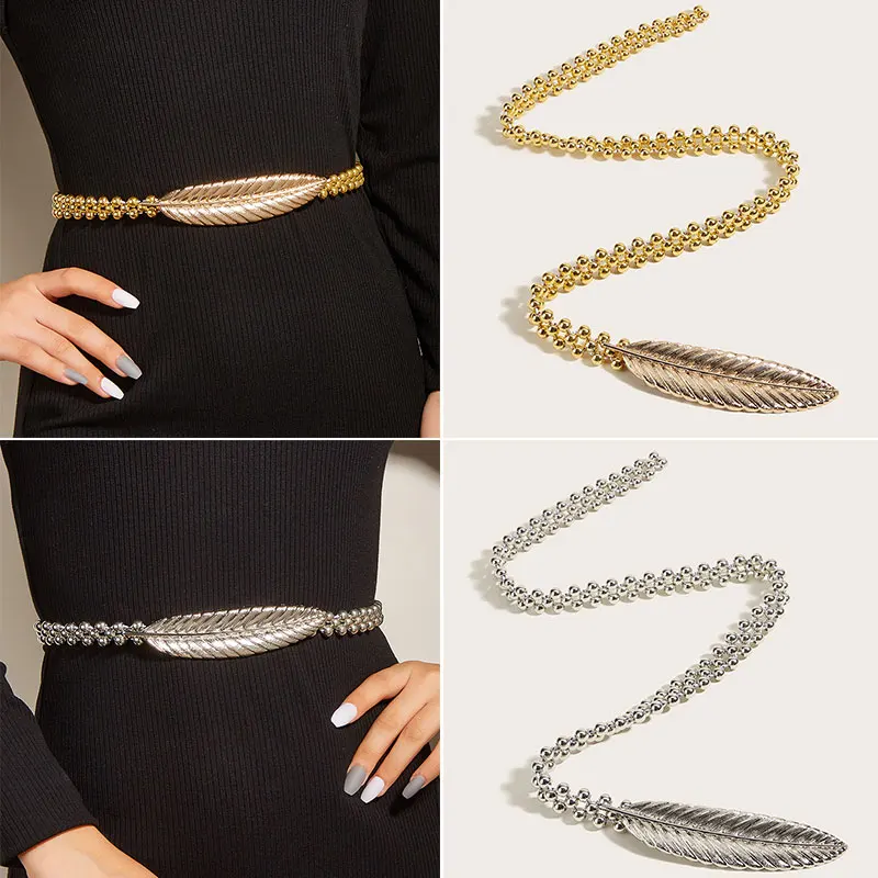 

Fashion Metal Leaf Buckle Decorative Waist Belt Women Slim Belt Alloy Beaded Stretch Waistband Ladies Waist Belt Cinturon Mujer