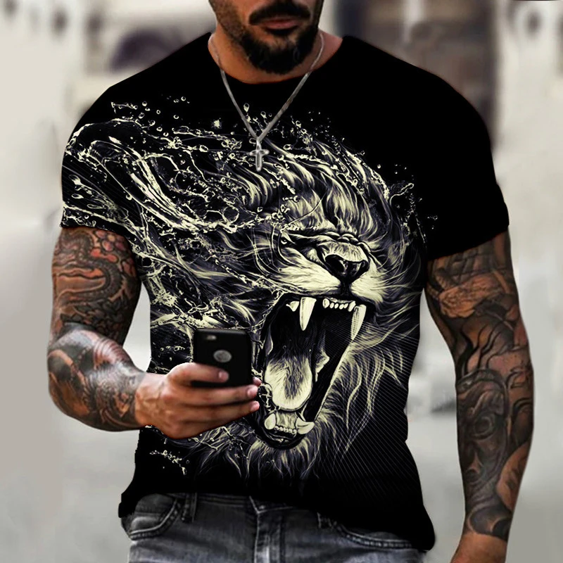 

Men Vintage T-Shirt 3D Lion Print New Summer Oversized Tshirt Men's Streetwear Round Neck Short Sleeve Top Fashion Loose Clothes