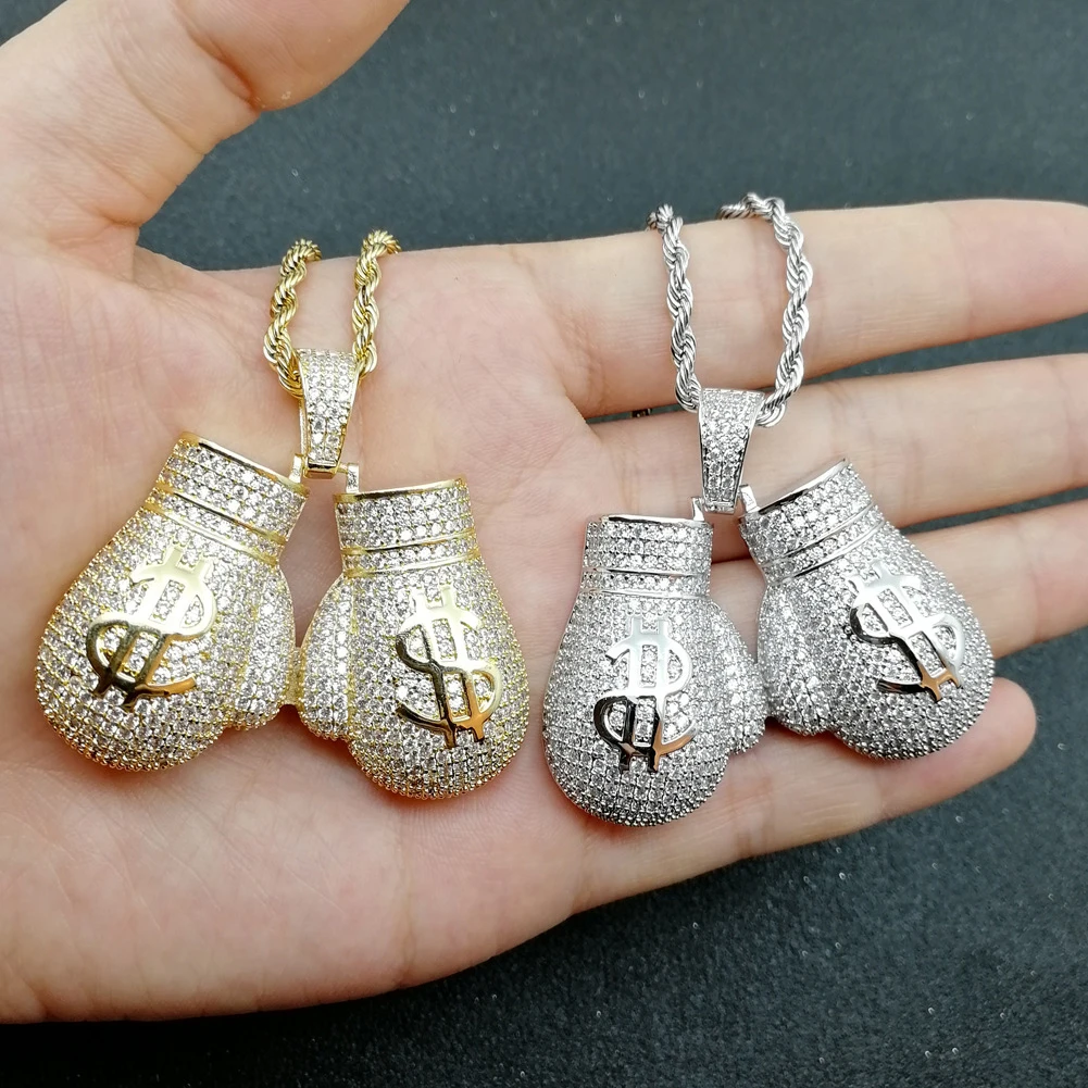TOPGRILLZ New Double Fight Boxing Gloves Pendant Necklace High Quality Copper Iced Out CZ Hip Hop Punk Jewelry For Wholesale