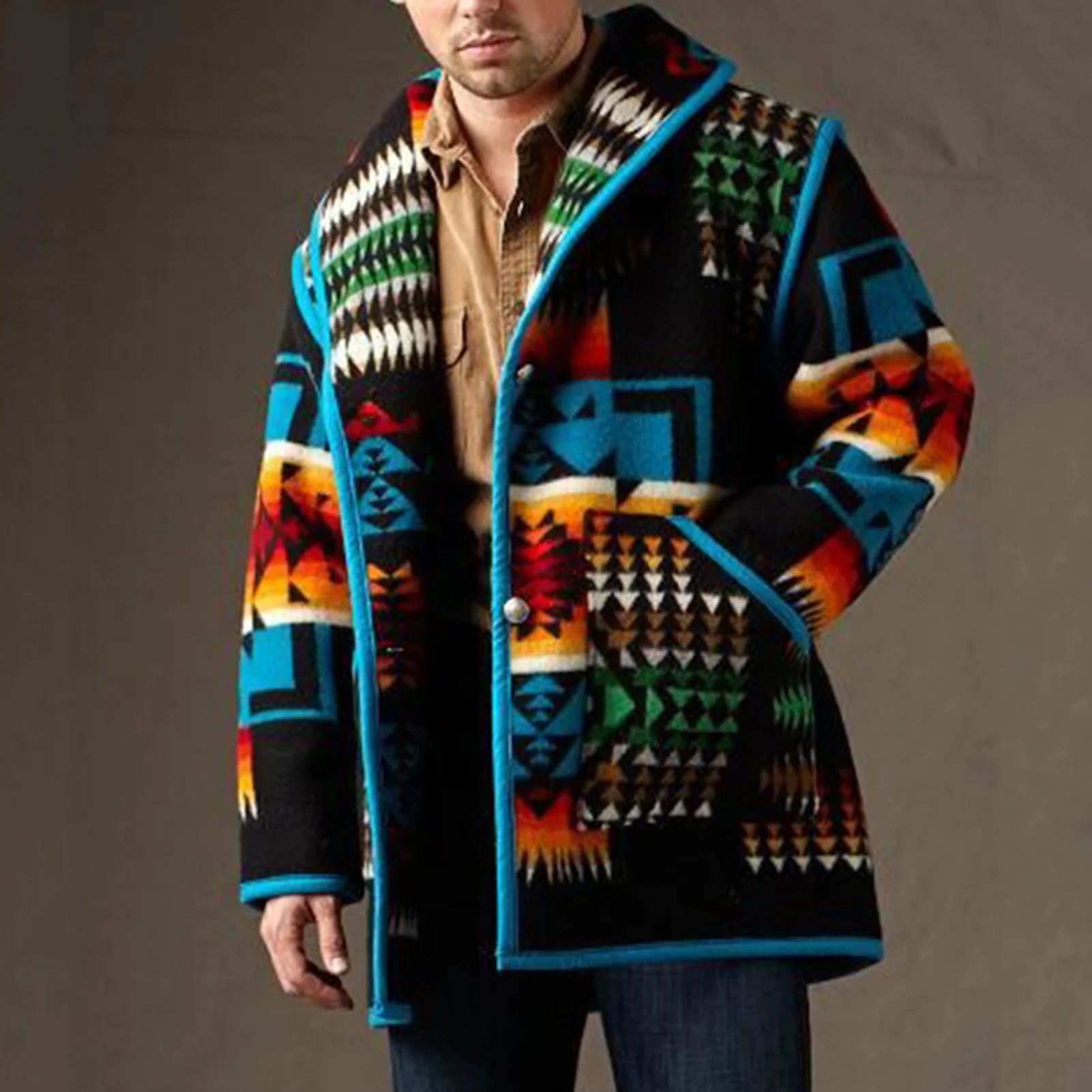 

Mens Coats Ins Spring/Autumn Printing Fashion Coat Geometric Turn-Down Collar Single Breasted Wool Coat Men