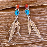 bohemian style retro feather two color turquoise creative earrings earrings