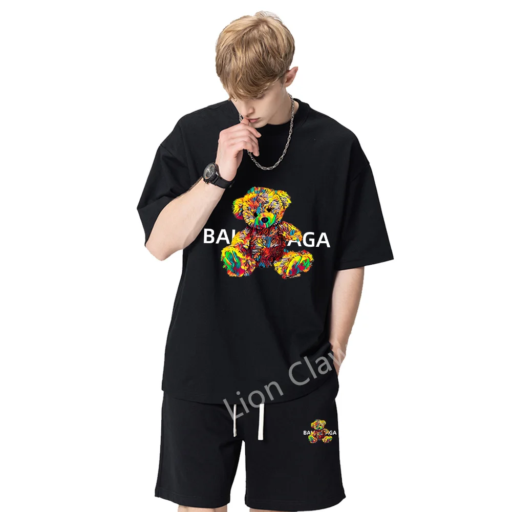 Summer Men Set 2023 Jogging Suit Women Tracksuit Cotton T-shirt Luxury Brand Tee Bear Graphic Print Tshirt + Shorts 2 Piece Sets