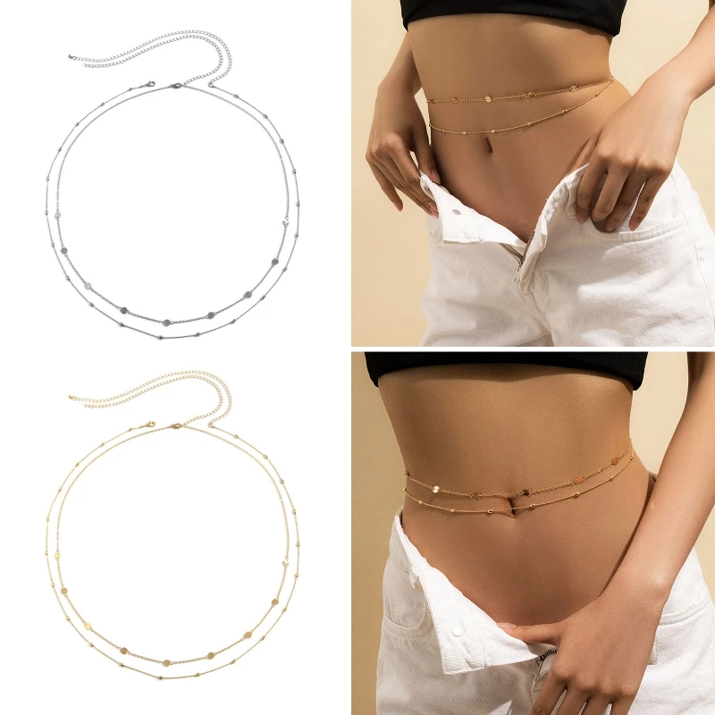 

2Pcs European and American Jewelry Hip-hop Metal Sequins Waist Chain Set Sexy Geometric Copper Bead Chain Body Chain
