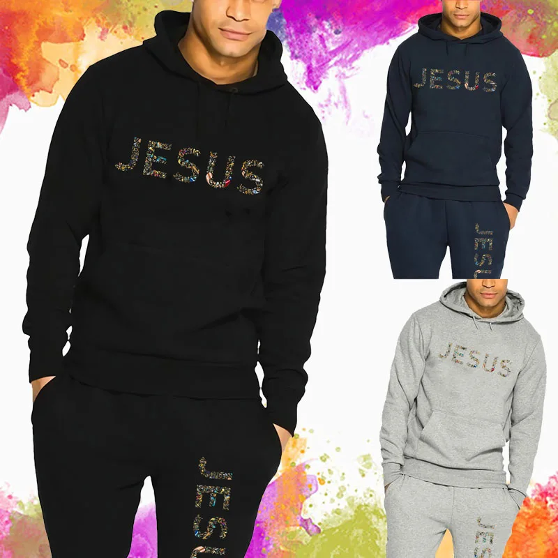 

New Men's Sports Suit Colorful Jesus Print Hooded Hoodie+Jogging Sweatpant Casual Sweatshirt Trousers Sets Design Man Tracksuit