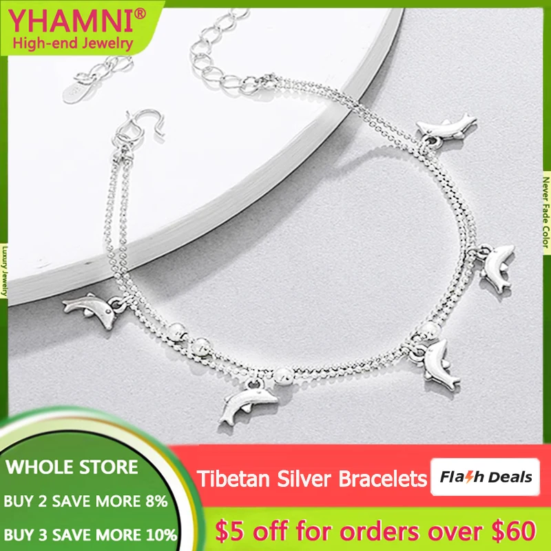 

Multilayer Real Pure White Tibetan Silver Bracelet Charms Dolphin Braclet Bangle for Women Fashion Wristband Jewelry Gifts