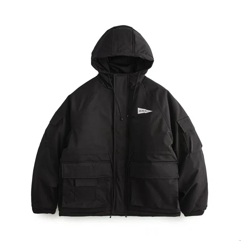 Men's Japanese thick hooded parka casual loose winter warm cotton jacket men's coat imitation silk cotton tooling jacket