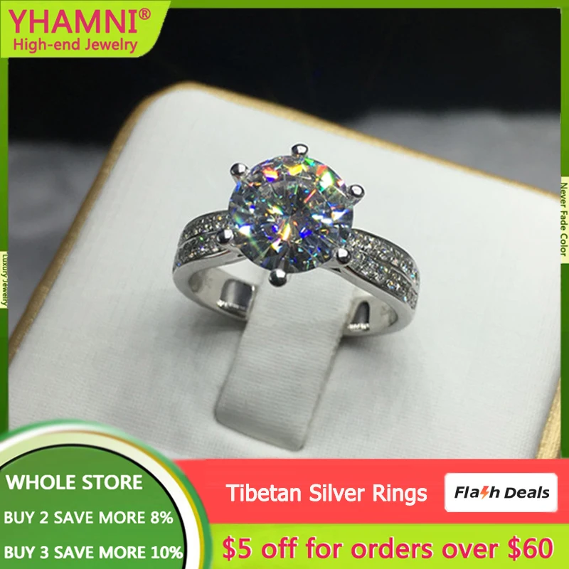 Купи Big 3.0ct Solitaire Ring Luxury Pure White Gold Color Tibetan Silver Ring With Credentials Wedding Engagement Band Women Jewelry за 299 рублей в магазине AliExpress