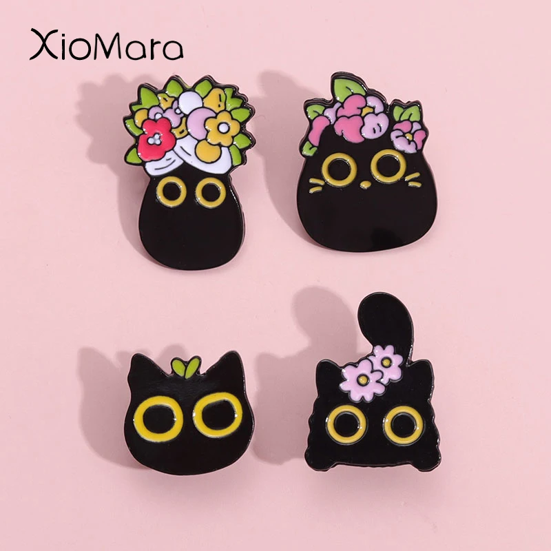 

Floral Black Cats Enamel Pins Cartoon Naughty Kitten Brooches Lapel Badges Animal Plant Funny Jewelry Gift For Best Friends