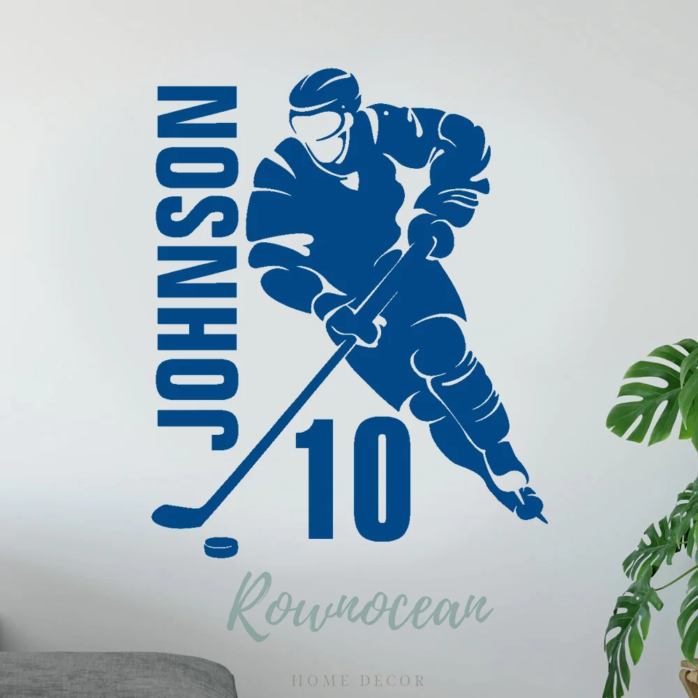 Custom Name & Number Ice Hockey Player Silhouette Sport Wall Sticker Removable Interior Mural Home Decor Boys Room Bedroom G031