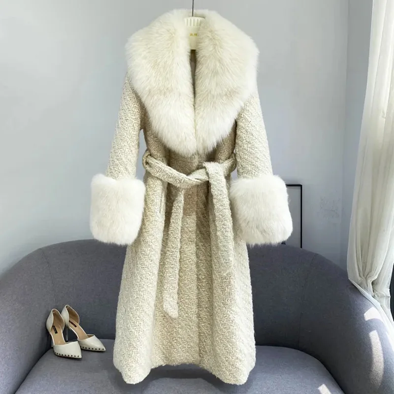 2022 Winter New Imported Fox Fur Collar Whole Fur Coat Women's Mid-Length Woolen Waist Thickening Temperament Coats Female