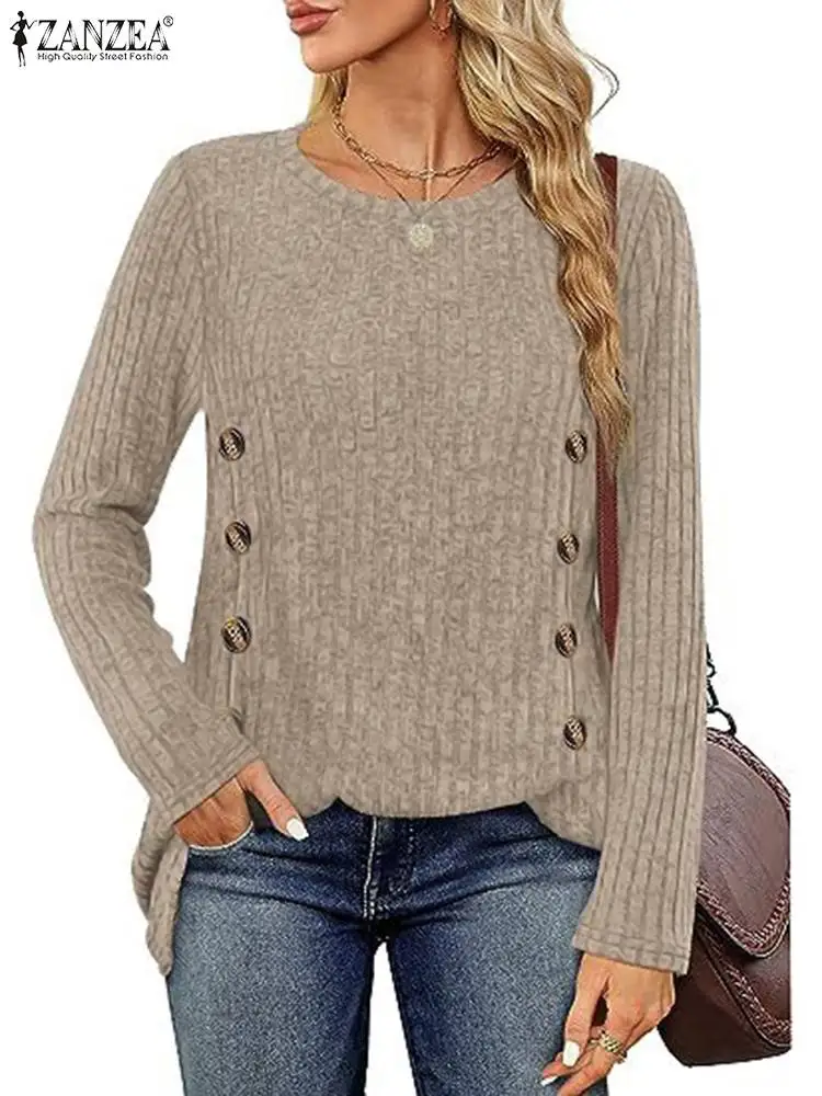 

ZANZEA Fashion Women Blouse Autumn Elegant Work Shirt Spring Long Sleeve Holiday Blusas Casual Solid Ribbed Tops Party Tunic