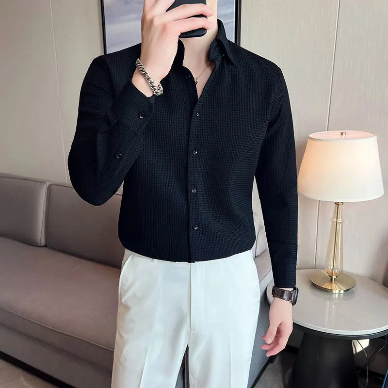 Autumn Winter Waffle Thick Warm Men's Shirts Long Sleeve Slim Fit Casual Business Dress Shirt Fashion Social Men Clothing 2022