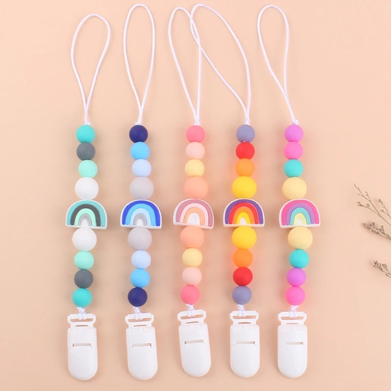 

Girls Boys Infant Teething Chupetero Rainbow Silicone Pacifier Clip for Babies Soothie Toy Cartoon Pacifier Chain Holder Teether
