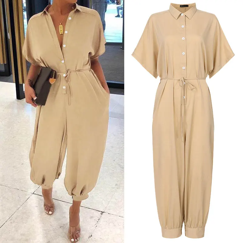 

Women Solid Color Short Sleeve Retro Loose Casual Button Jumpsuit Long Romper Pants Overalls