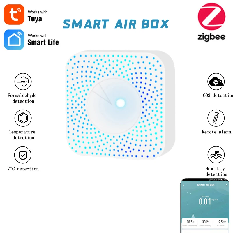 

Zigbee/Tuya Smart Air Box Carbon Dioxide Detector CO2 Gas Sensor Formaldehyde VOC PM2.5 Temperature Humidity Sensor App Control