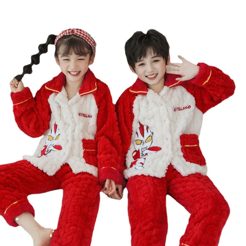 Ультрамен Супермен осенне-зимние утепленные детские пижамы из кораллового флиса