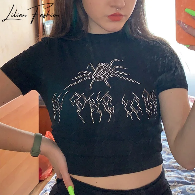 

Shiny Spider Rhinestone Bling Tee Shirt Graphics 2022 Summer Women Short Sleeve T-shirt Punk Vintage Crop Tops Streetwear Y2k