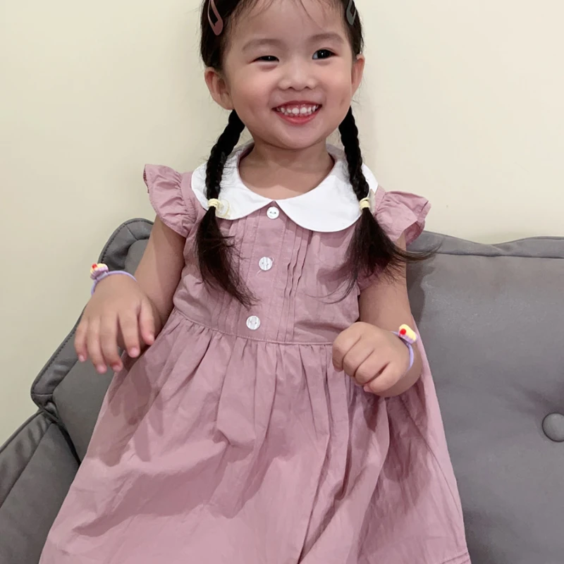 Summer Grey Girls Dress Cotton Cute Peter Pan Baby Dresses Children Vestido Kid Costume Baby College Pink Lovely Princess Dress