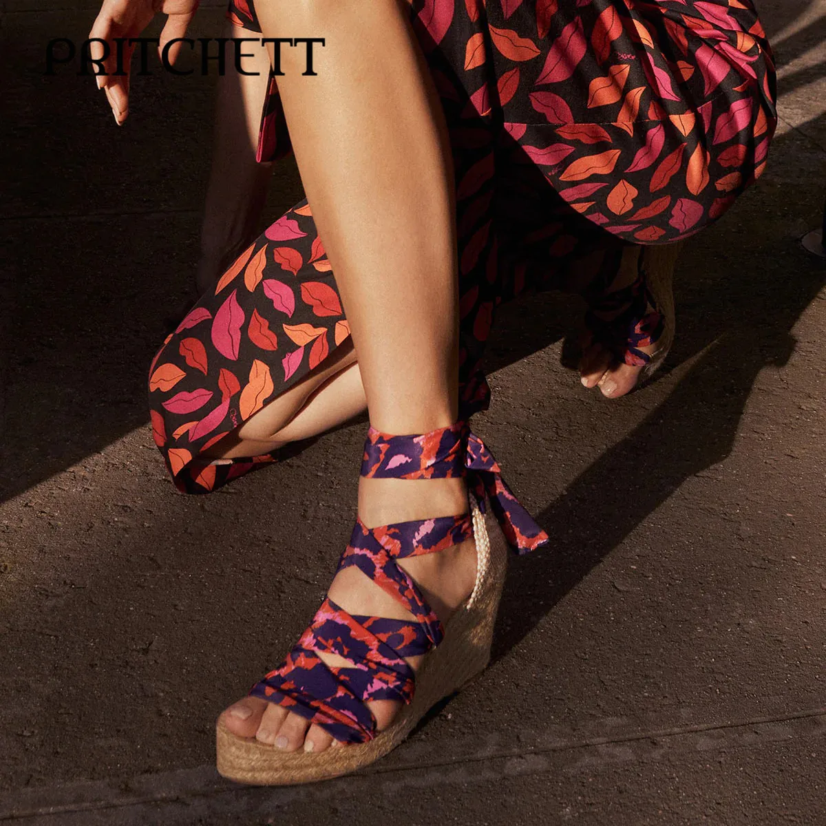 Braided Wedge Color Printed Sandals Open Toe Round Toe Platform High Heel Sandals Calf Cross Strap Fashion Ladies Sandals