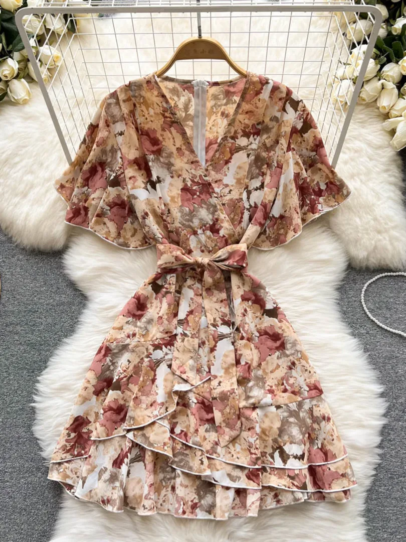 

Summer Floral Print Mini Dress Ruffles Short Sleeve V-neck Sash Lace-up A-line Casual Women Boho Beach Party Dress Vestidos