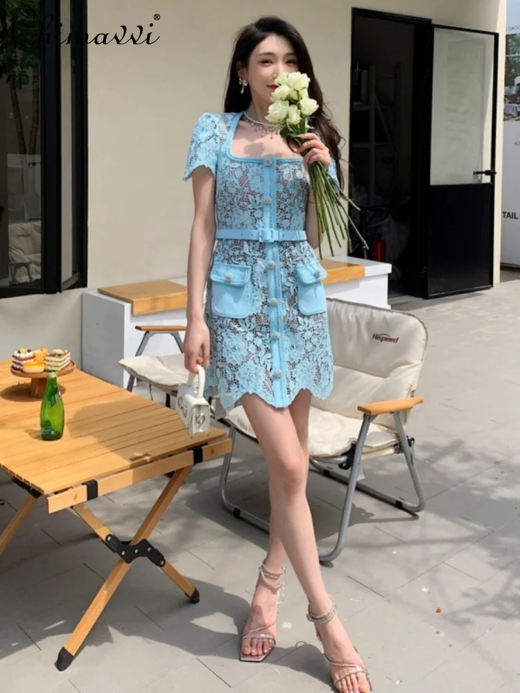 Light Blue Lace Sexy Square-Neck Short Sleeve Dress Women 2023 Summer New Waist Slimming French Retro Short Dress Belt Attached