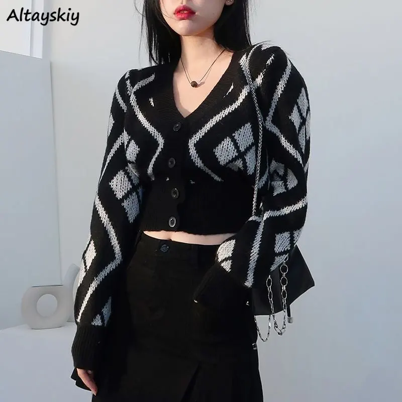 

Argyle Simple V-neck Cardigans Women Cropped Long Sleeve Knitted Sweaters Young Vintage All-match Fashion Girls Chic New Autumn