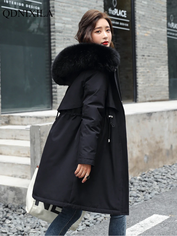 2022 Winter New Women's Oversized Midi Long Parkas Plush Cotton Jacket Thick Coat with Hood Wool Collar Warm Padded Hot Coats