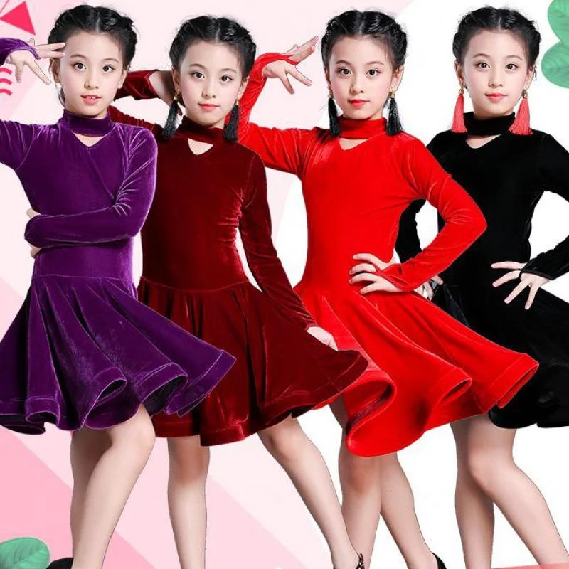 

Children Velvet Latin Dresses Gymnastics Dancewear Competition Dancing Costume Child Ballroom Dance Dress For Girls Stage Outfit