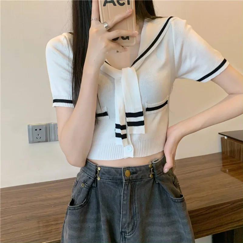 

Korean Preppy Style Sailor Collar Short Tops Women Fashion Lace-up Short Sleeve Slim Knitted T-shirt Casual Woman Cropped Top