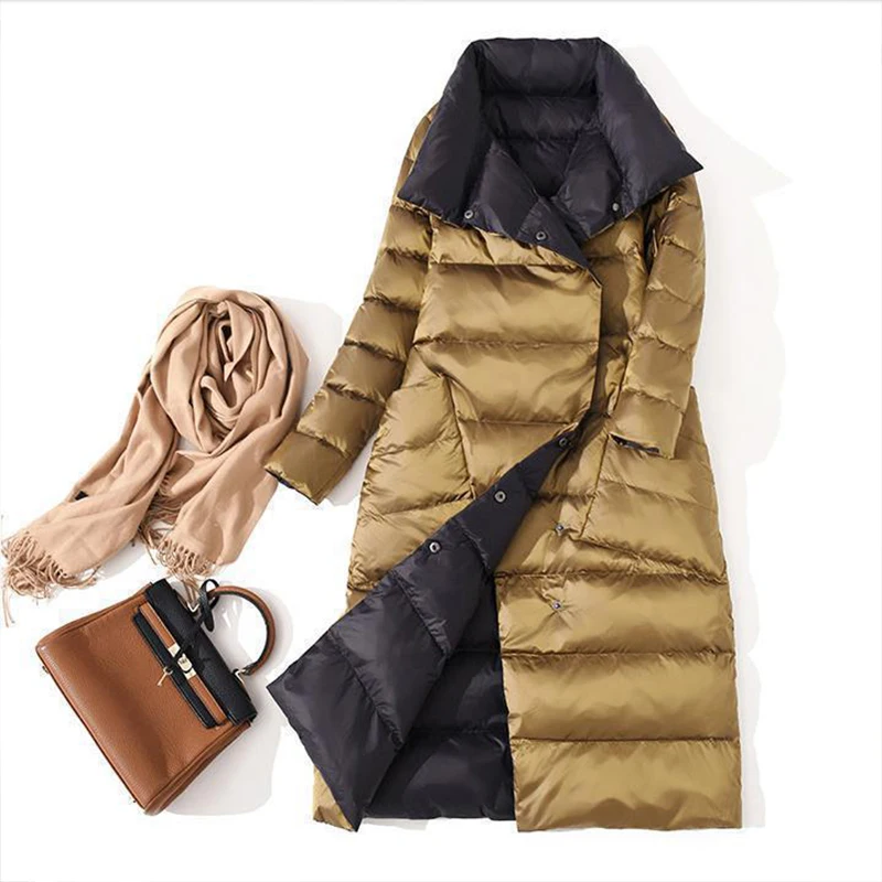 Women Double Sided Down Long Jacket Winter Turtleneck White Duck Down Coat Double Breasted Warm Parkas Snow Outwear 2022