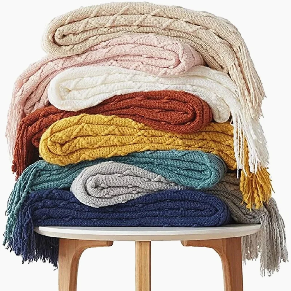 

Nordic Decorative Knitted Diamond-shaped Blankets For Sofa Bed Throw Chunky Knit Plaids Tapestry TV Tassel Nap Blanket Embossed