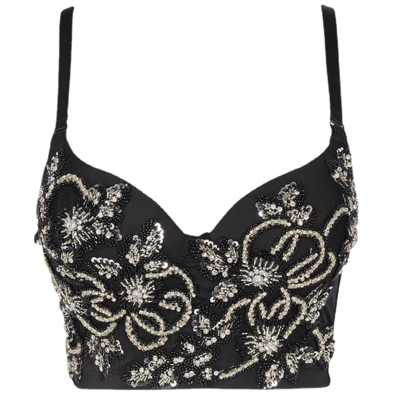 

Sexy Short Women's Corsets Top Debardeur French Chic Sling Halter Padded Binder Bra Basic Underwired Diamond-Studded Rhinestone