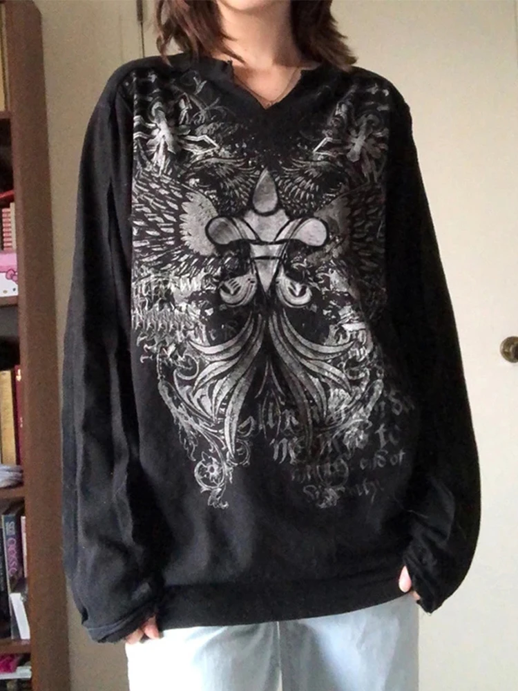 Свободные готические футболки с графическим принтом повседневные ретро-топы