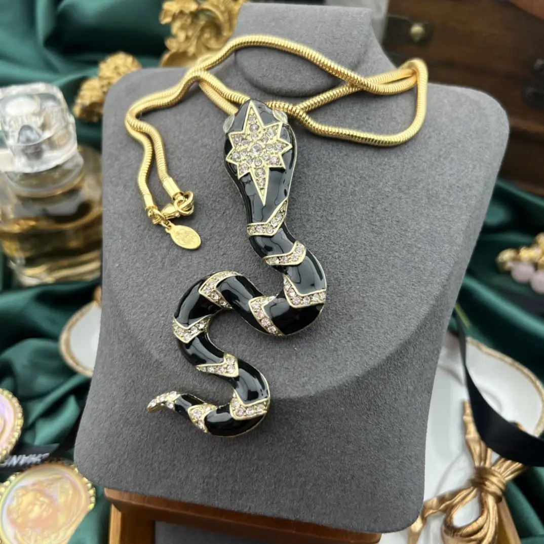 

Vintage Handmade Brooch Real Gold Electroplated Black Snake Pendant Necklace