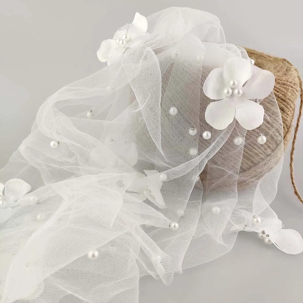 3/5/10yard Soft 3D Mesh Fabric Beads Pearl and Flower Embroidered Lace Tulle Material for Dressmaking Black White Pink by yard - купить по