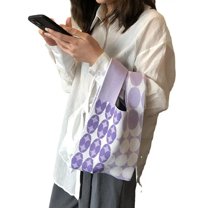 

Summer New Girl Knitted Tote Bag Polyester Woven Casual Ladies Handbag Polka Dot Plaid Stitching Design Vest Bag