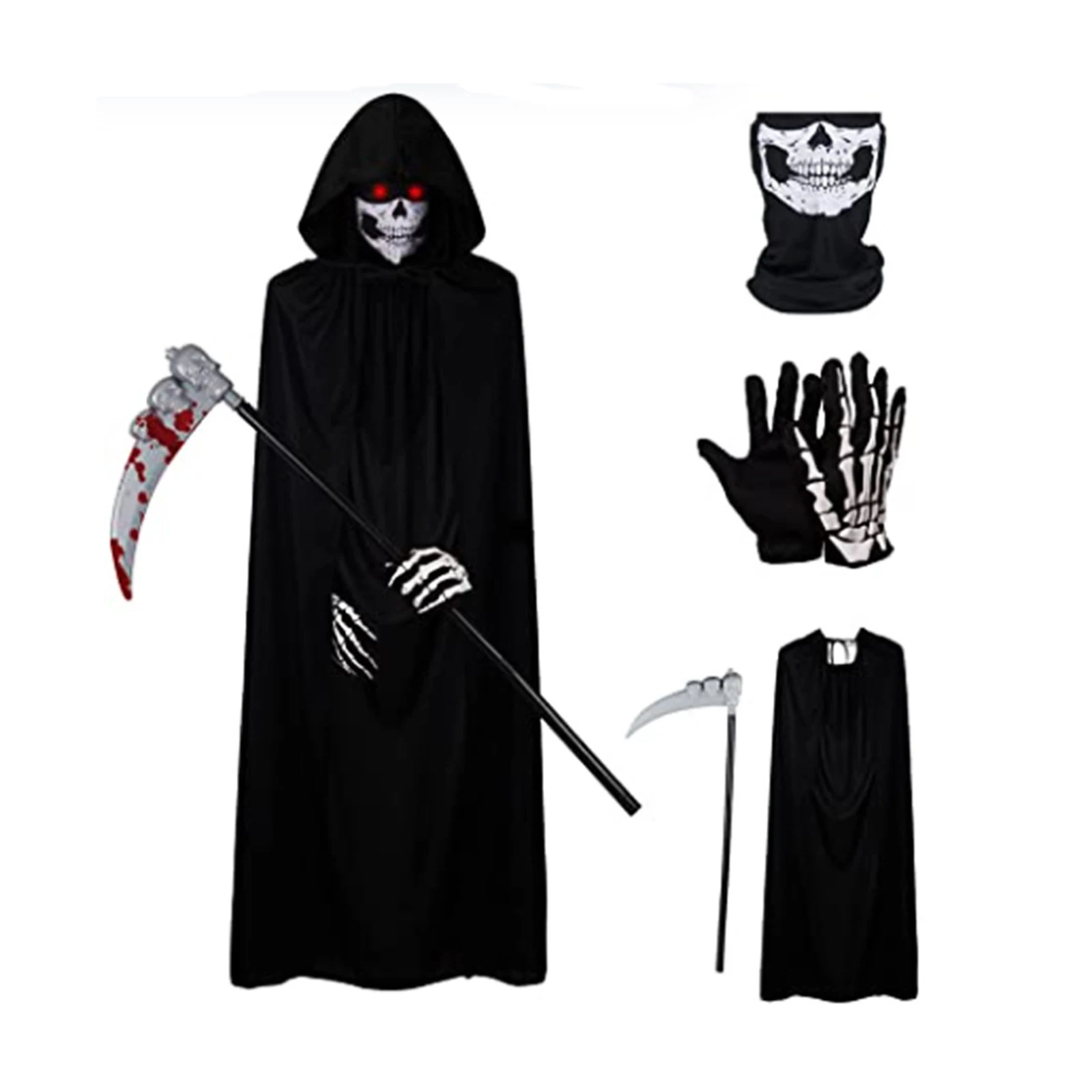 

Halloween Reaper Costume for Adults, Deluxe Hooded Cloak + Skull Neck Gaiter + Gloves + Scythe Set