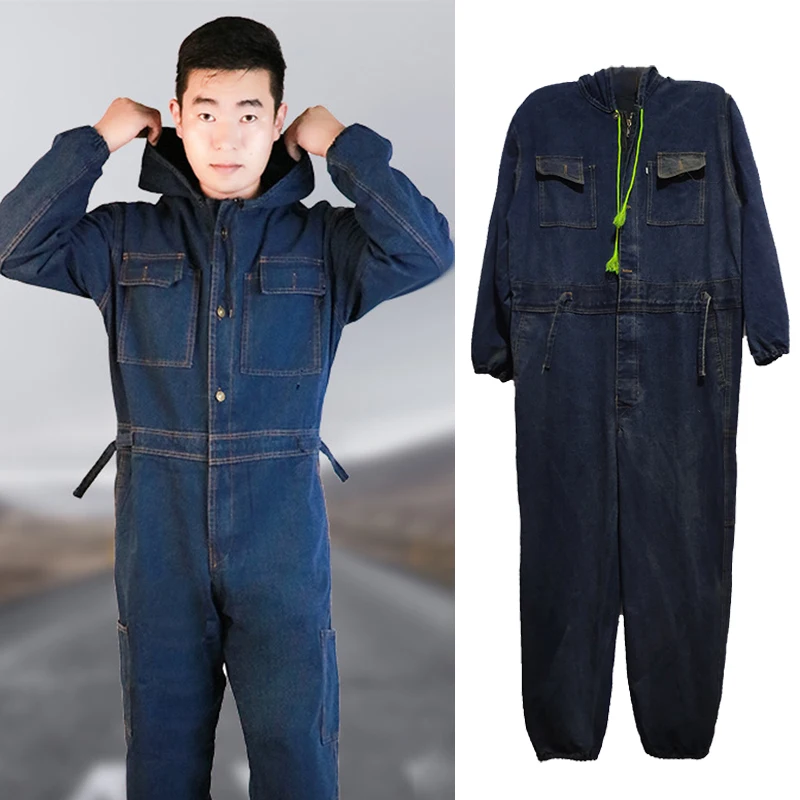 Unisex One-piece Overalls Denim Thicken Jeans Jumpsuit   Hooded Dust-proof Anti-fouling Overall Work Wear Cargo Pants S-4XL