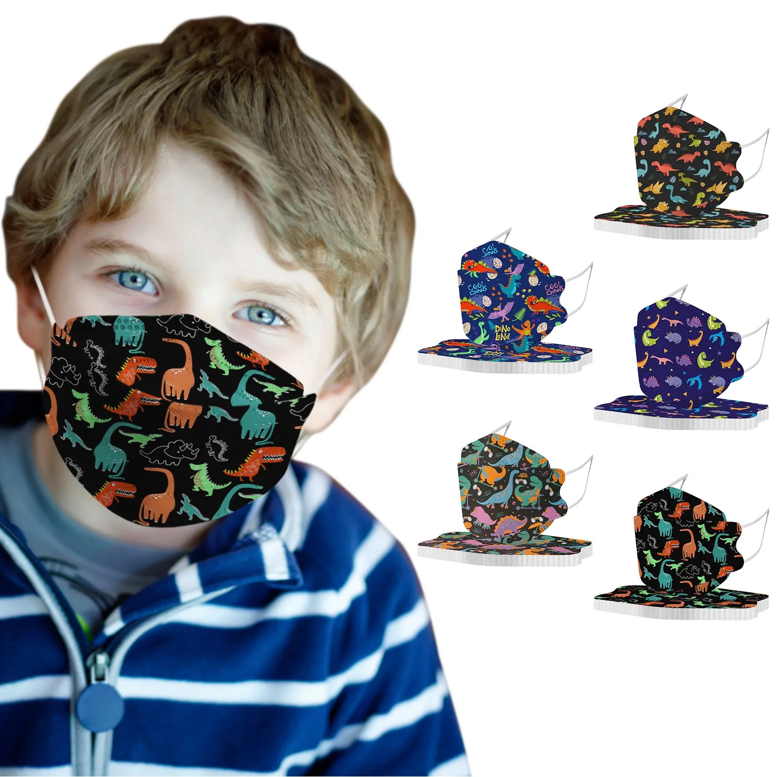 

50pcs Fish Style Mask Kids 4 Layers Cartoon Dinosaur Prints Masque Enfant Jetable Mascarillas Desechables Halloween Cosplay Lot