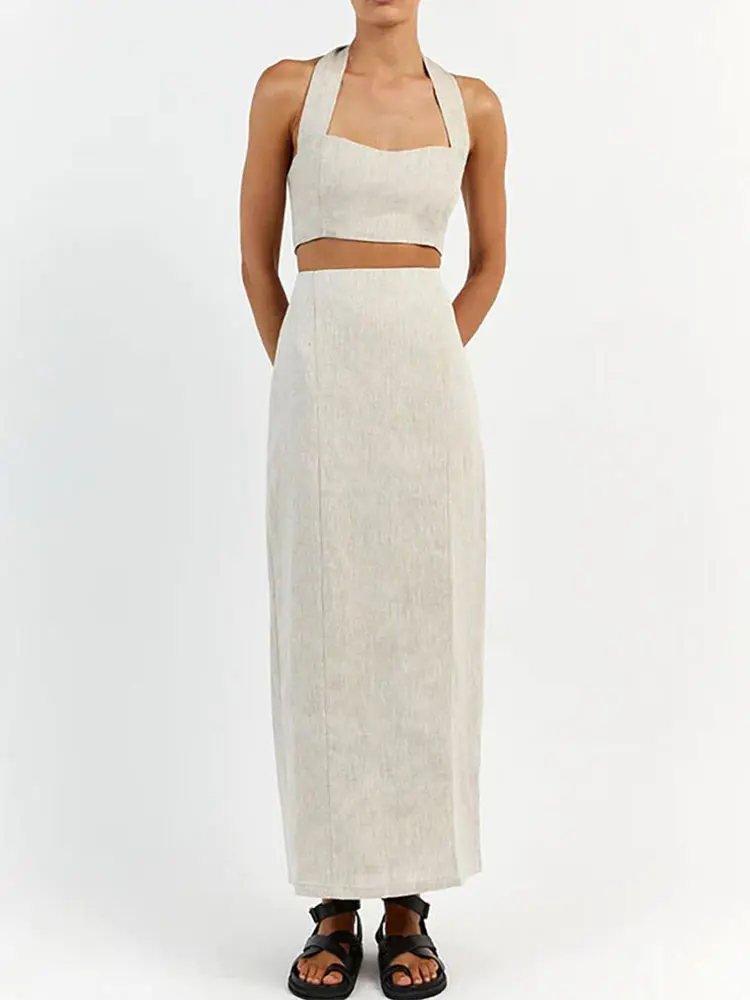

Cotton And Linen Pullover Sleeveless Vest + High Waist Long Skirt Two-Piece Khaki With Halter Short Vest And Skirt Set