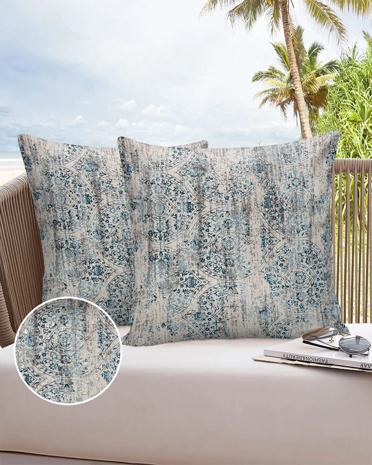 Retro Shabby Pattern Blue Waterproof Pillow Cover Home Office Decoration Pillow Case Chair Sofa Cushion Cover