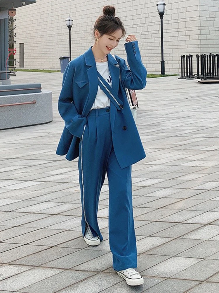 

LANMREM Two Piece Set Women 2022 Spring And Autumn New Minority Blue Blazer Casual Trousers Suit Sets Female Fashion 2R1036