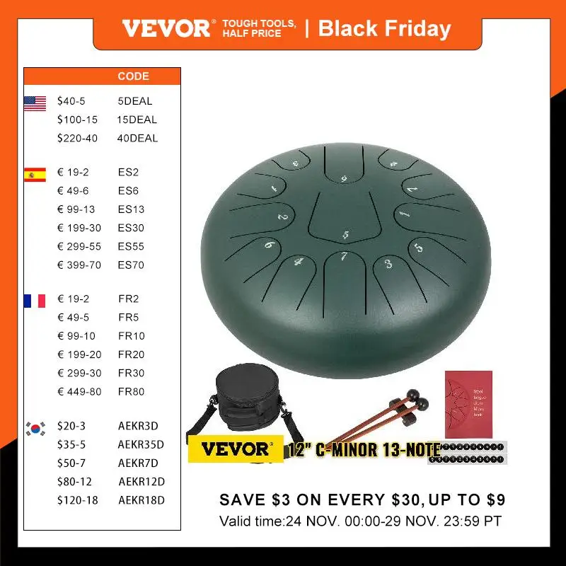 

VEVOR 12 Inch Steel Tongue Drum In C Minor 13 Tone Hand Pan Drum Tank With Travel Bag Percussion Instruments Hand Pan Drum Yoga