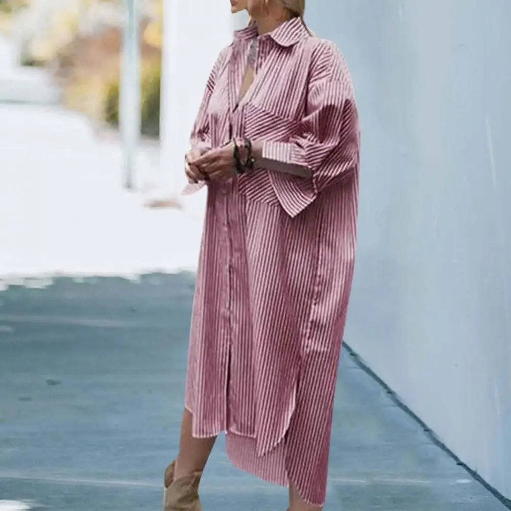 

Casual Dress Classic Striped Print Turn-down Collar Vacation Midi Dress Mid-Calf Length Women Dress