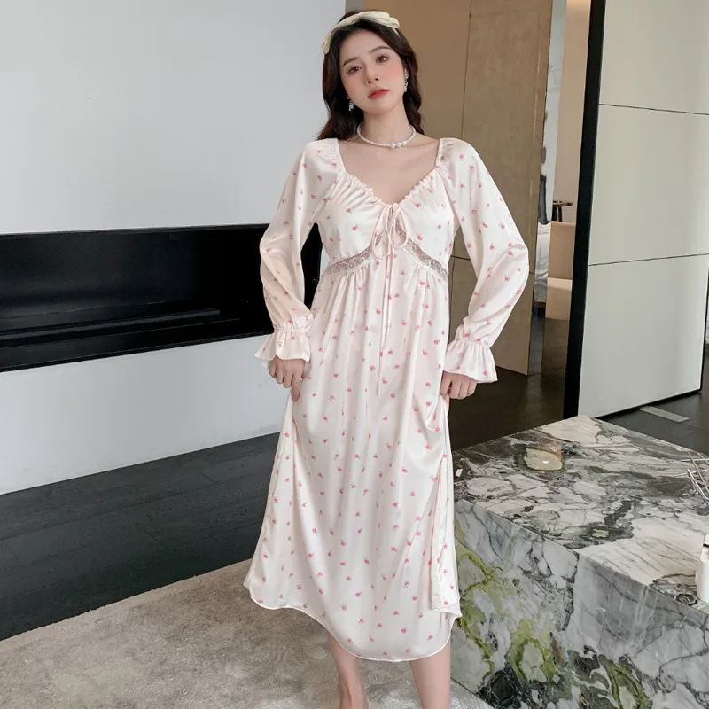 Sleeping Dress Women 2023 New Summer Ice Silk Long Sleeve Large Slim Sleepwear Fairy Home Fur