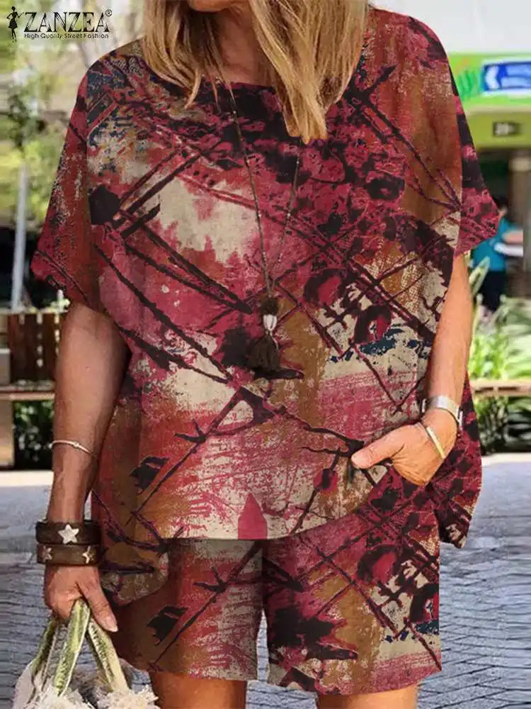 

Женские летние короткие комплекты ZANZEA 2022, подходящие комплекты с коротким рукавом, блузки, повседневные хлопковые костюмы из двух предмето...
