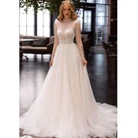 white dot tulle wedding dress 2022 high collar illusion long sleeves elegant wedding gown crystal belt backless sexy bridal gown