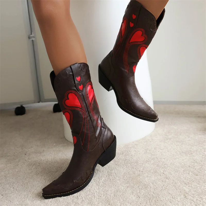 Women Mid Calf Boots Winter 2022 Designer Luxury Middle Heel Women Shoes Elegant Ethnic Style Banquet Lady Western Cowboy Boots