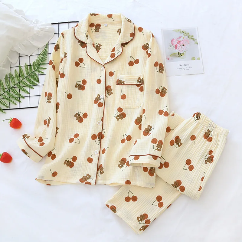 Cartoon Lapel Pajamas Lady Washed Crepe Spring Thin Double Gauze Home Clothes Cotton Suit Two Piece Set Summer  Clothing Women