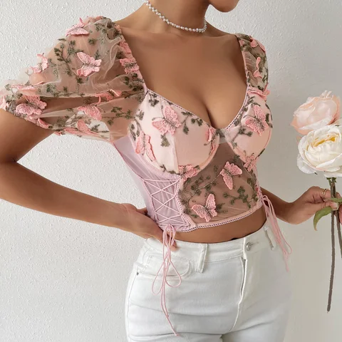 Backless Woman Blouse Fishbon Corset Built In Bra Butterfly Embroidery Mesh Patchwork Lace-up Blouses Female Dropshipping